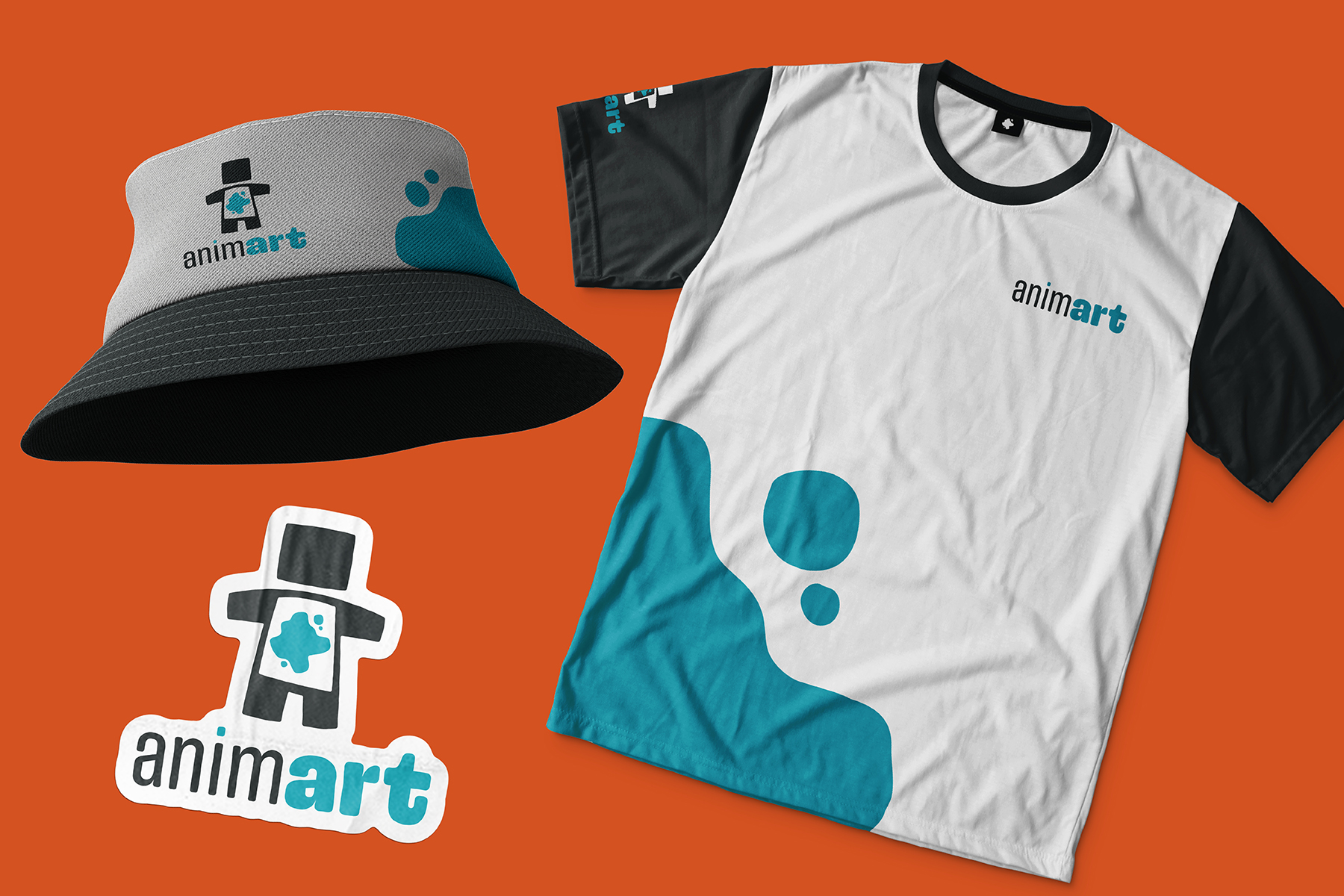 Merchandising Animart: cappello bucket, maglietta e adesivi