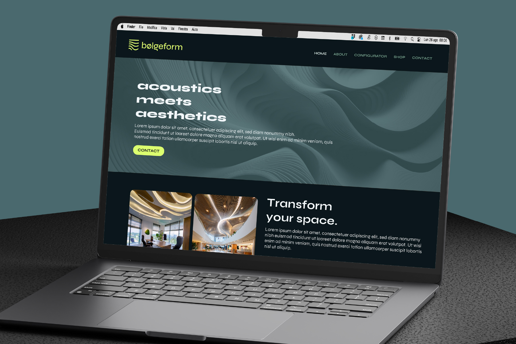 Home page del sito bølgeform "acoustics meets aesthetics" su schermo di un laptop