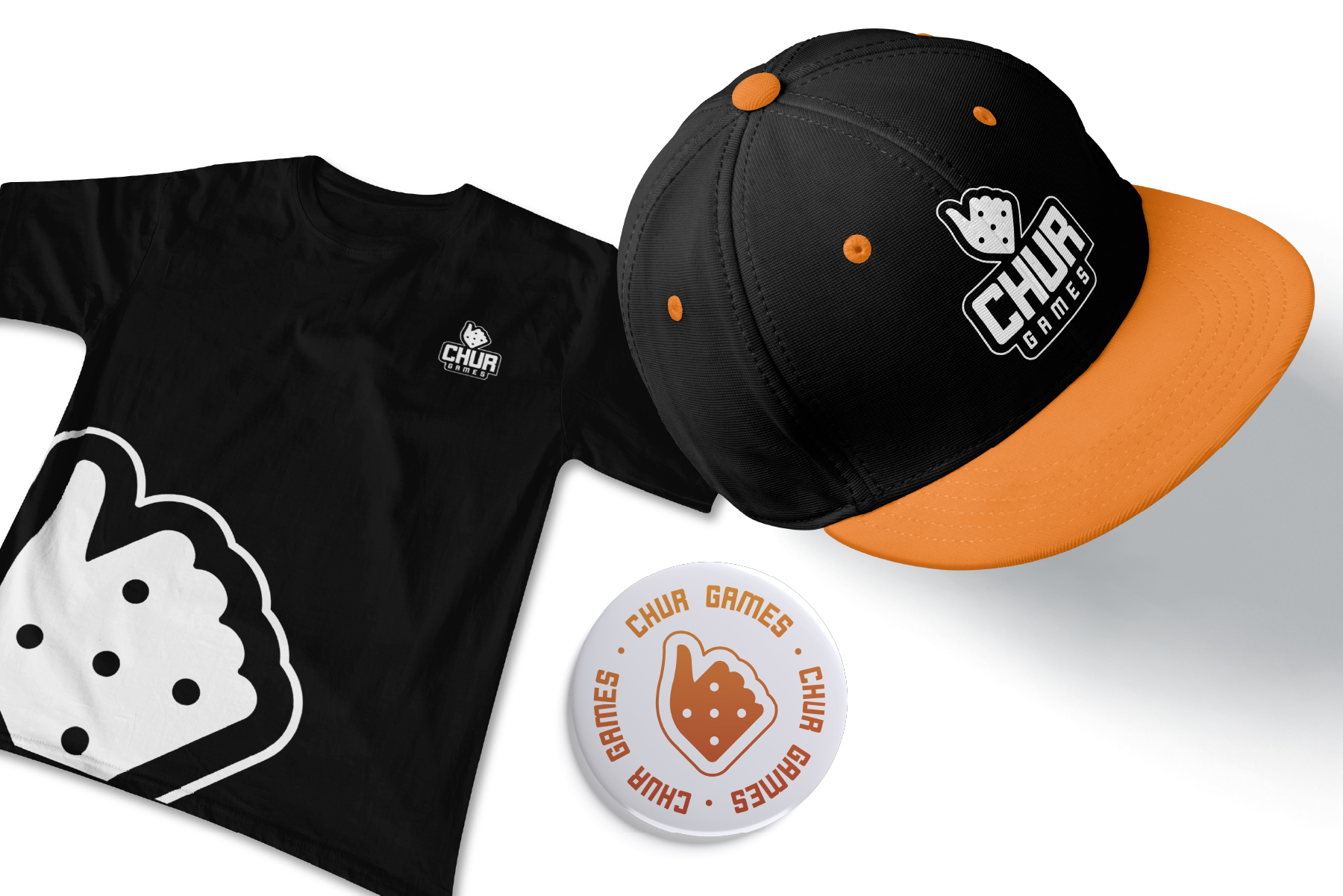 Merchandising Chur Games: maglietta nera, cappellino e spilla con il logo