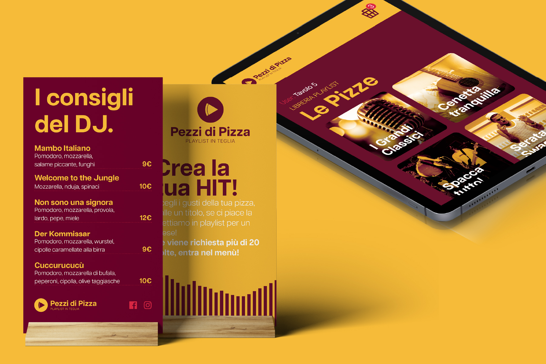 Menu digitale di Pezzi di pizza con la sezione "I consigli del DJ"