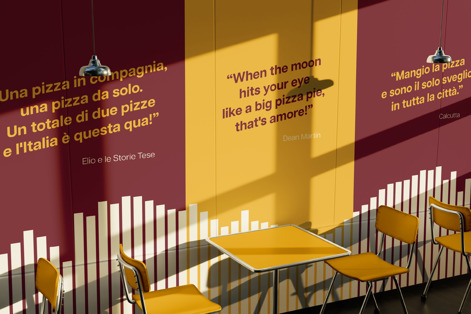 Interno della pizzeria Pezzi di pizza con le citazioni musicali applicate alle pareti