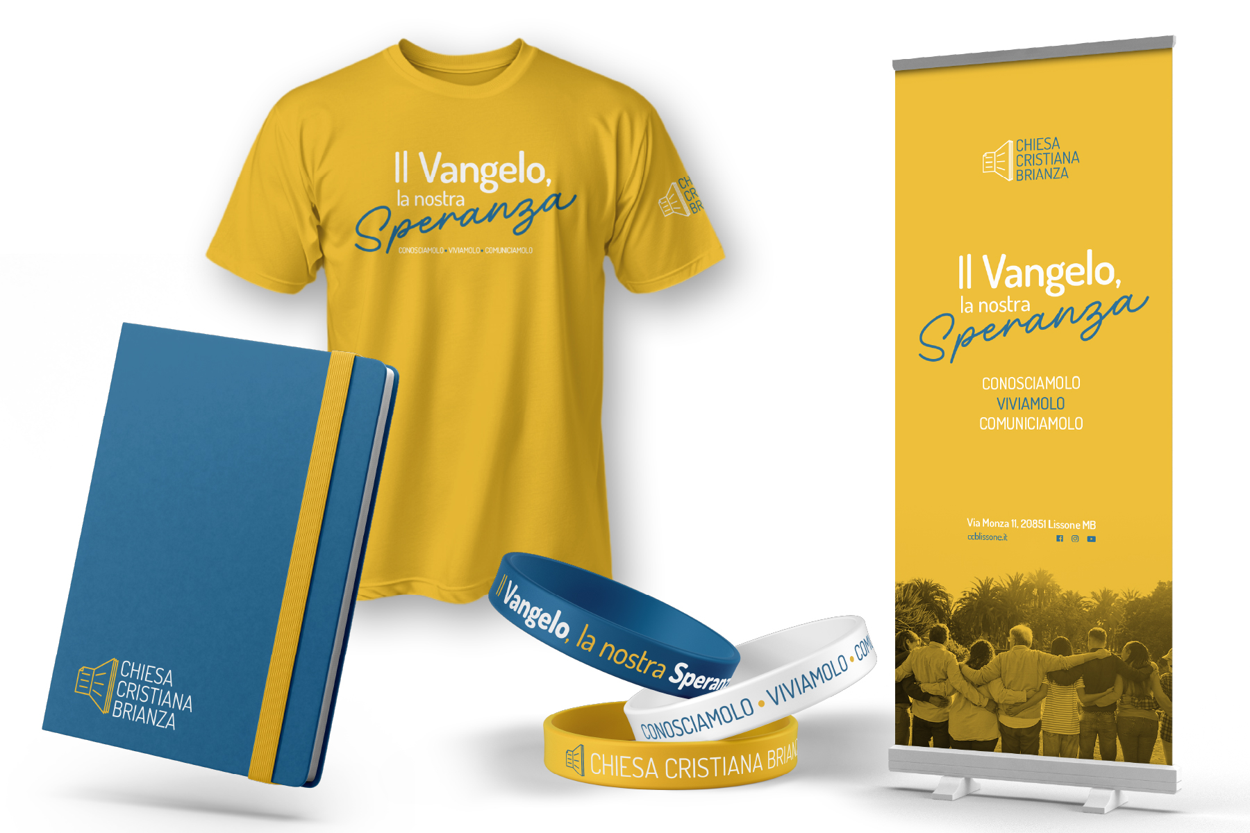 Materiali Chiesa Cristiana Brianza: quaderno, maglietta "Il Vangelo è speranza", braccialetti e roll-up