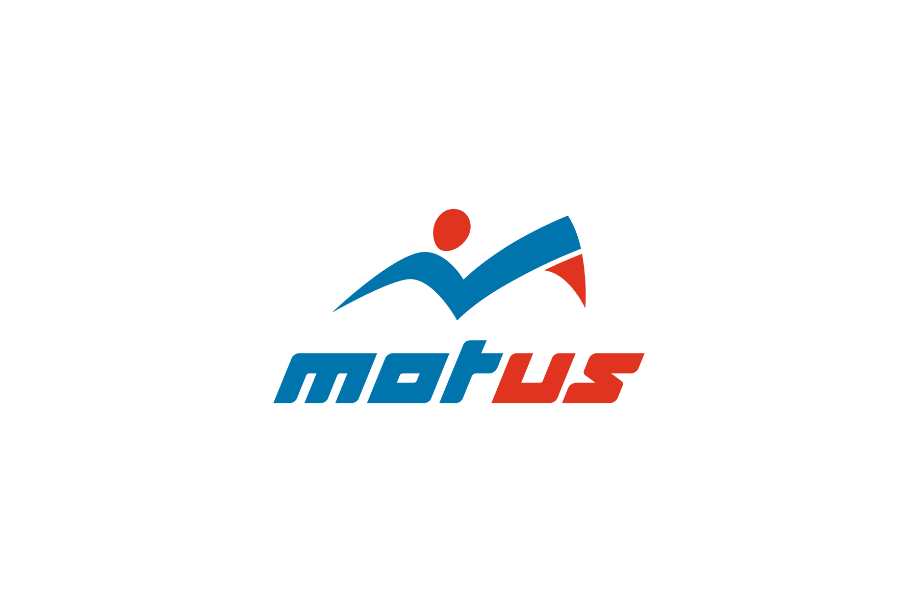 Logo Motus a colori: pittogramma di un atleta stilizzato sopra il lettering blu e rosso