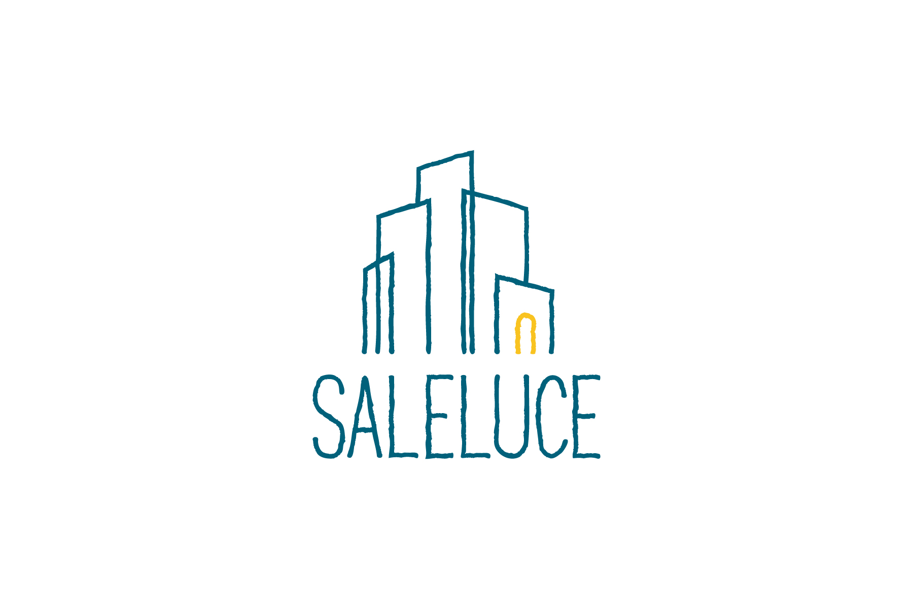 Logo Saleluce: skyline di edifici disegnato a tratto sopra il lettering
