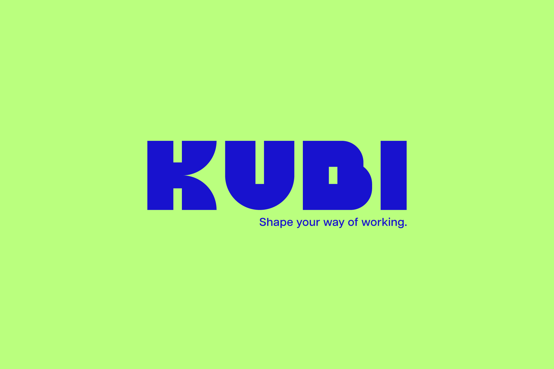 Logo Kubi blu su fondo verde lime, con il payoff "shape your way of working"
